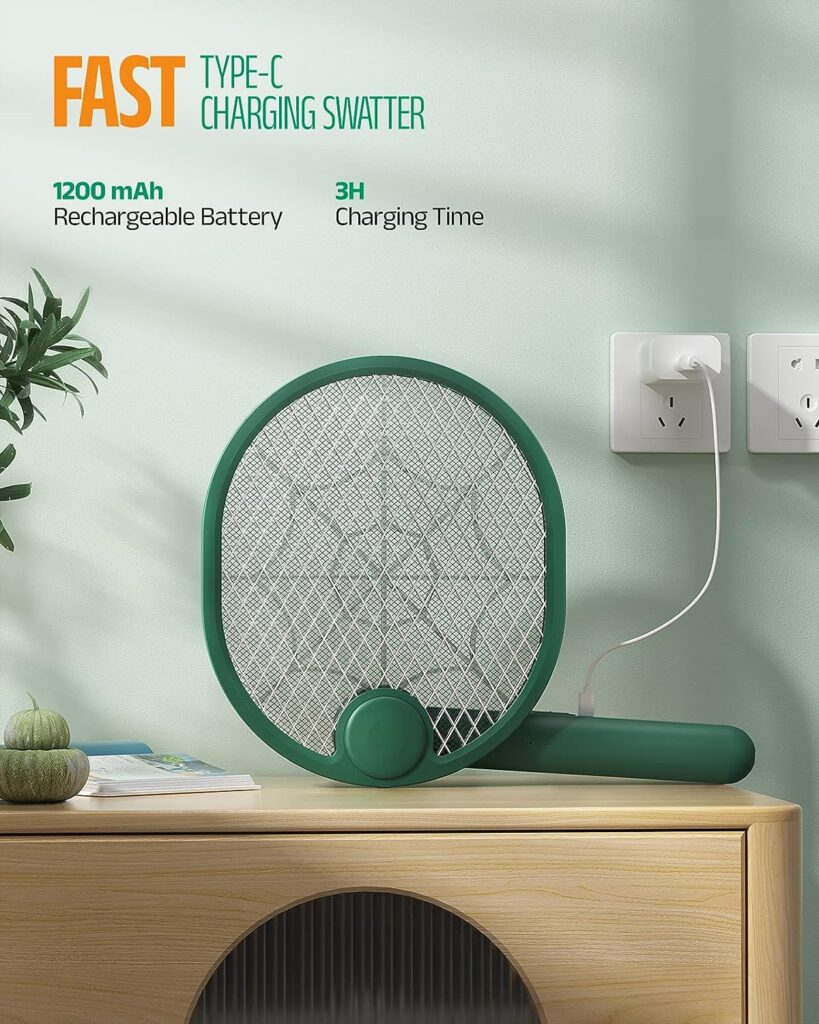 Buzbug 2 in 1 Bug Zapper Racket, High Voltage Foldable Electric Fly Swatter, Type-C Rechargeable Fly Zapper for Indoor and Outdoor, Large Surface Electric Mosquito Swatter with 3-Layer Dense Mesh