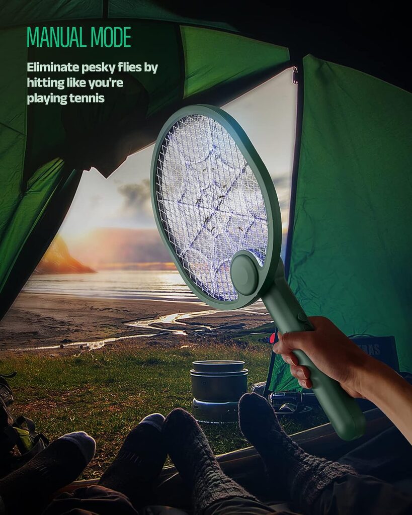 Buzbug 2 in 1 Bug Zapper Racket, High Voltage Foldable Electric Fly Swatter, Type-C Rechargeable Fly Zapper for Indoor and Outdoor, Large Surface Electric Mosquito Swatter with 3-Layer Dense Mesh