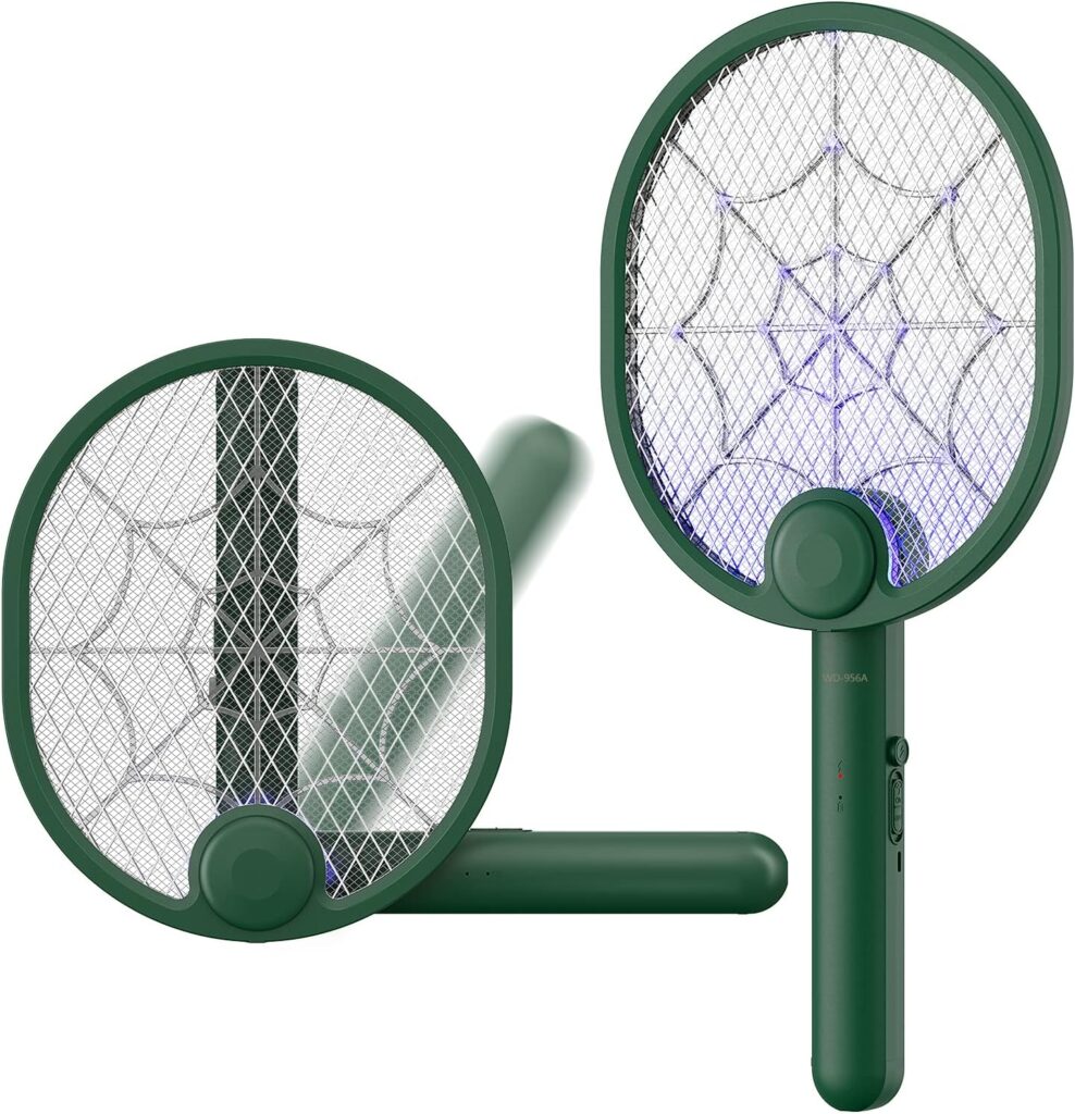 Buzbug 2 in 1 Bug Zapper Racket, High Voltage Foldable Electric Fly Swatter, Type-C Rechargeable Fly Zapper for Indoor and Outdoor, Large Surface Electric Mosquito Swatter with 3-Layer Dense Mesh