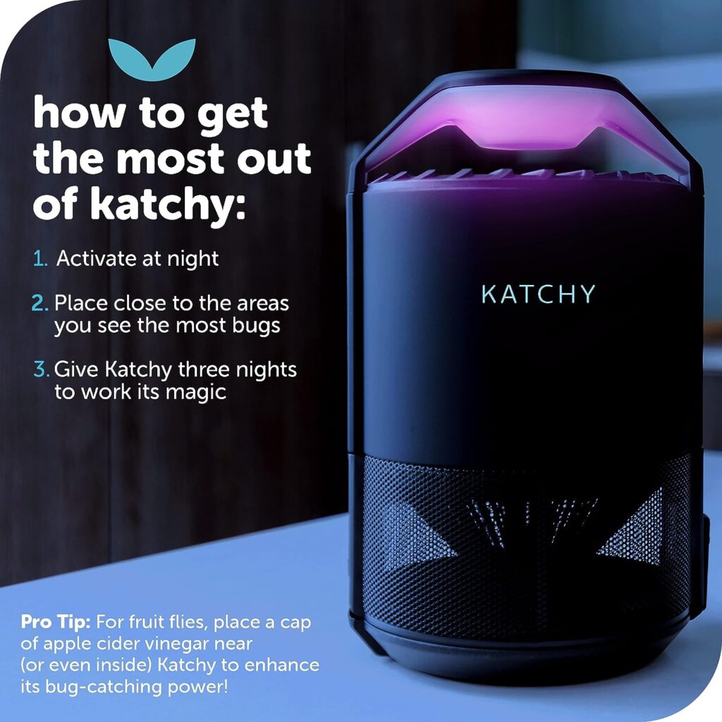 Katchy Indoor Insect Trap - Catcher  Killer for Mosquitos, Gnats, Moths, Fruit Flies - Non-Zapper Traps for Inside Your Home - Catch Insects Indoors with Suction, Bug Light  Sticky Glue (Black)