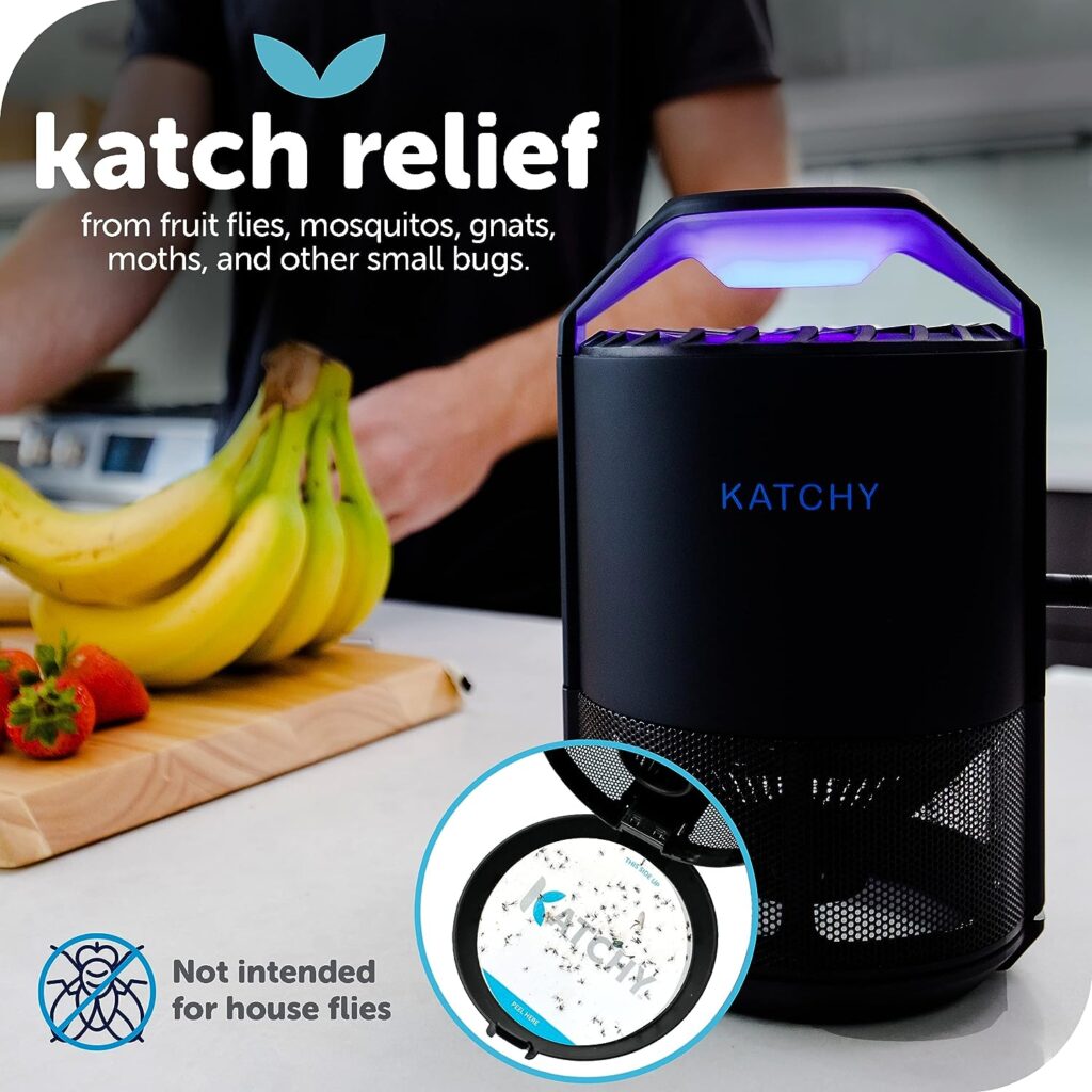 Katchy Indoor Insect Trap - Catcher  Killer for Mosquitos, Gnats, Moths, Fruit Flies - Non-Zapper Traps for Inside Your Home - Catch Insects Indoors with Suction, Bug Light  Sticky Glue (Black)