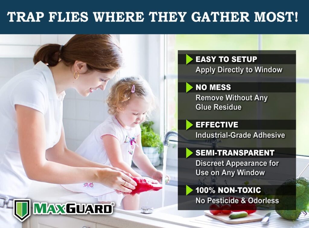 MaxGuard Window Fly Traps (24 XL Traps) Catch  Kill Houseflies, Flying Insects  Bugs. Non-Toxic Sticky Glue Traps Fly Killer Clear Strip Insect Catcher Safe No Zapping with Zapper |