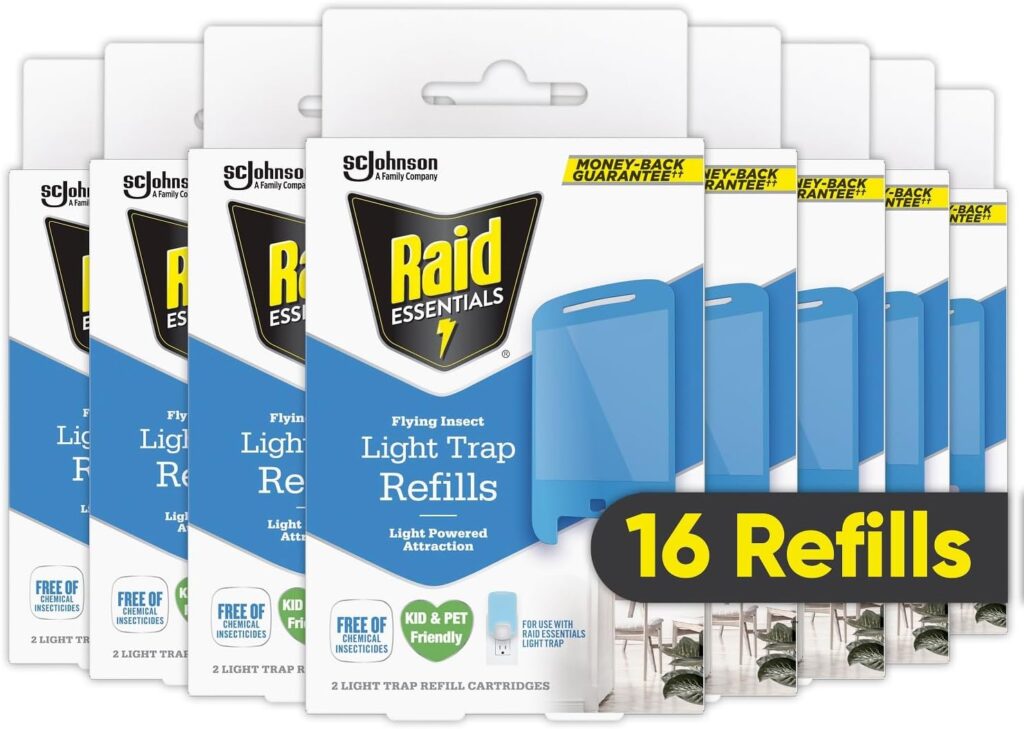 Raid Essentials Flying Insect Light Trap Refills, 16 Light Trap Refill Cartridges, Featuring Light Powered Attraction