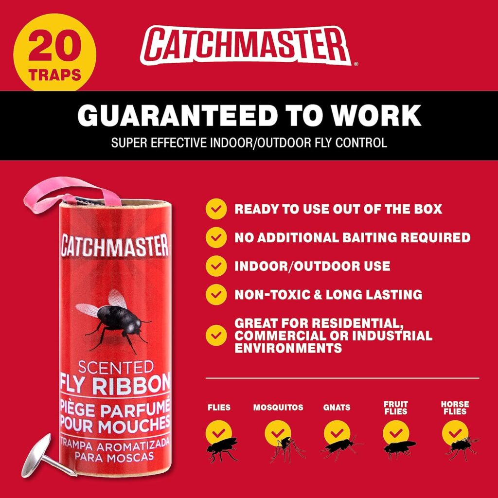 Catchmaster Fly Ribbon, Bug  Fly Traps for Indoors and Outdoors, Premium Sticky Adhesive Fruit Fly  Gnat Hanging Strips, Bulk Scented Flying Insect Paper Rolls (20-Pack)