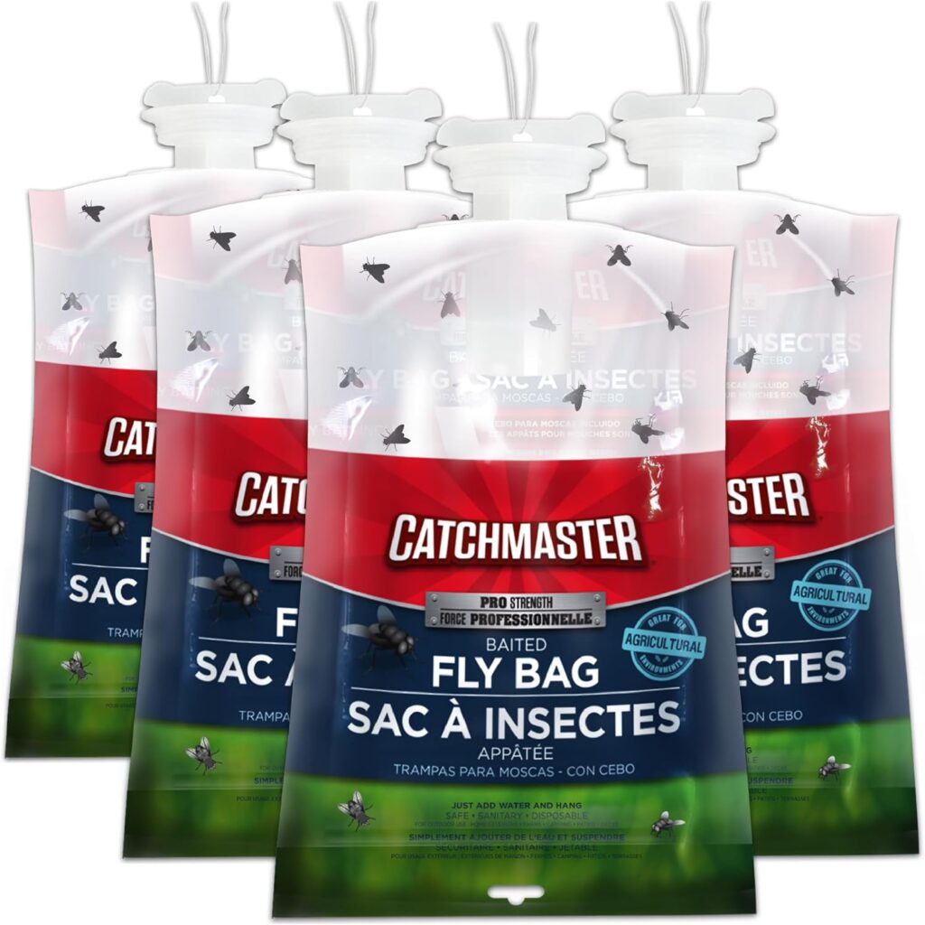 Catchmaster Pro Series Fly Bag 4-Pack, Hanging Fly Trap Outdoor Home, Bug Catcher and Flying Insect Trap with Natural Attractant, Pet Safe Pest Control, XL Bag for Backyard, Pool, Patio  Camping