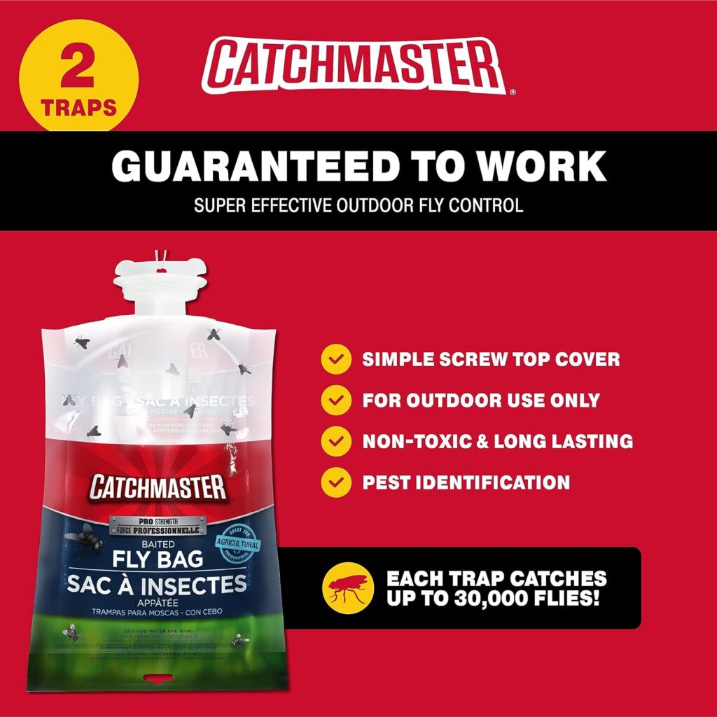 Catchmaster Pro Series Fly Bag 4-Pack, Hanging Fly Trap Outdoor Home, Bug Catcher and Flying Insect Trap with Natural Attractant, Pet Safe Pest Control, XL Bag for Backyard, Pool, Patio  Camping