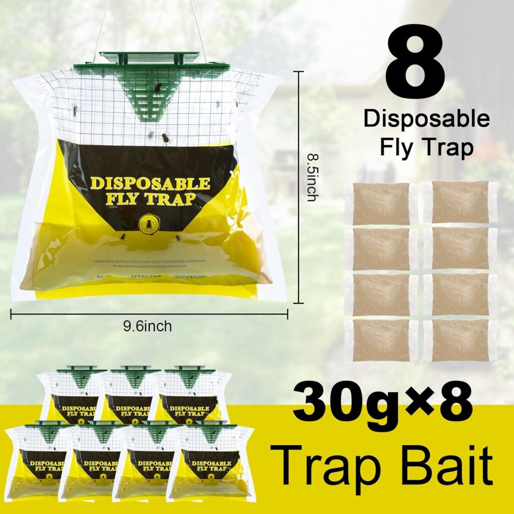 Fly Traps Outdoor Hanging, 8 Natural Pre-Baited Fly Hunter Stable Horse Ranch Fly Trap, Mosquito Fly Bags Outdoor Disposable Catchers Killer Repellent for Barn Farm Patio  Camping