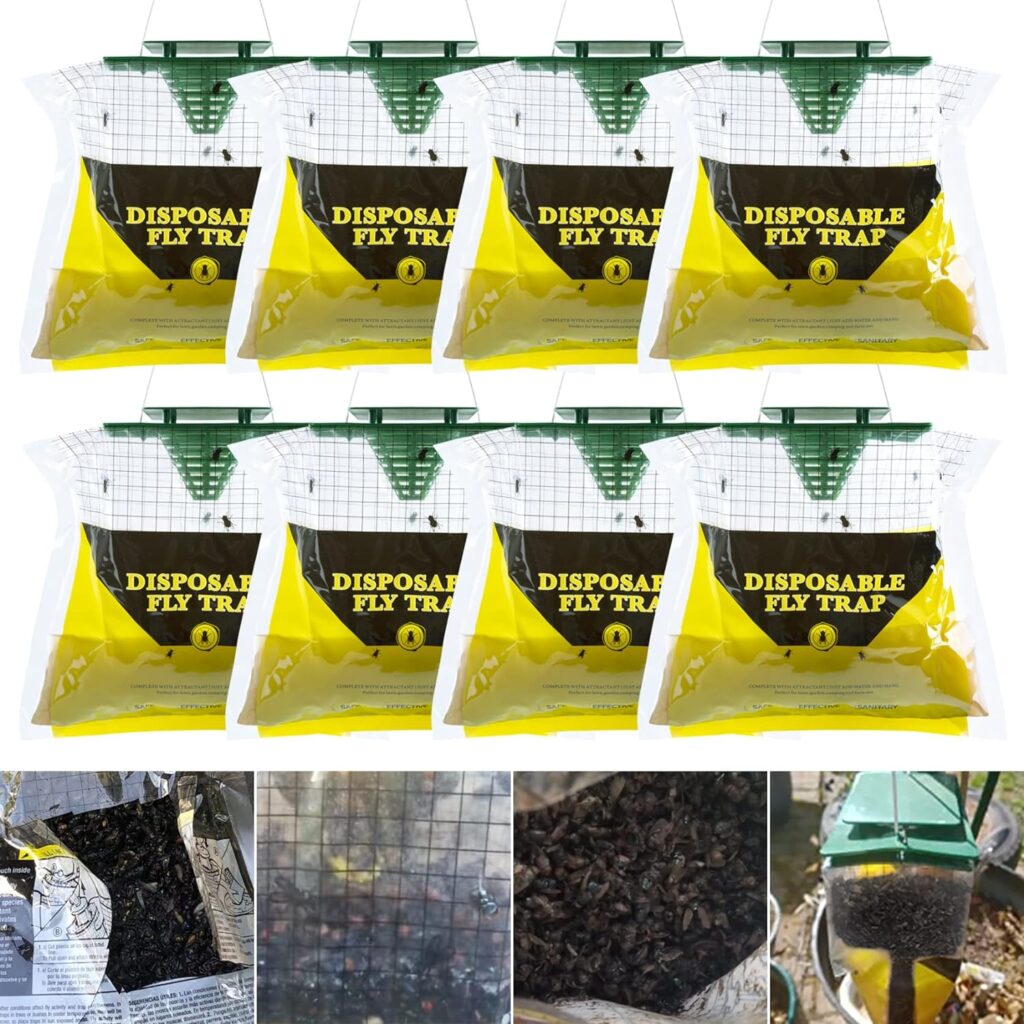 Fly Traps Outdoor Hanging, 8 Natural Pre-Baited Fly Hunter Stable Horse Ranch Fly Trap, Mosquito Fly Bags Outdoor Disposable Catchers Killer Repellent for Barn Farm Patio  Camping