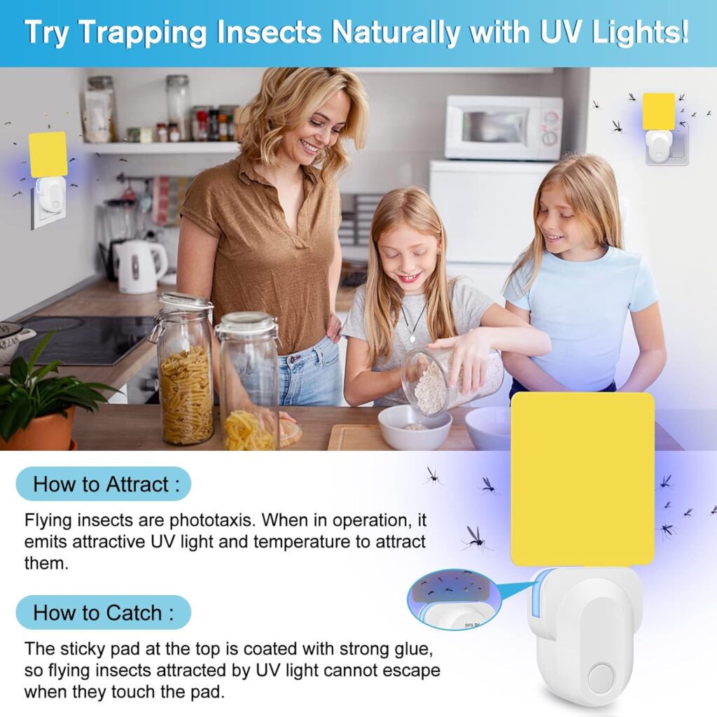 Flying Insect Trap Plug-in, 2023 Upgrade Bug Catcher Mosquito Fruit Fly Trap Gnat Killer Indoor, Safe Non-Toxic UV Bug Night Light Fly Trap with Sticky Pad for Flies, Gnats, Moths (4 Pack, White)