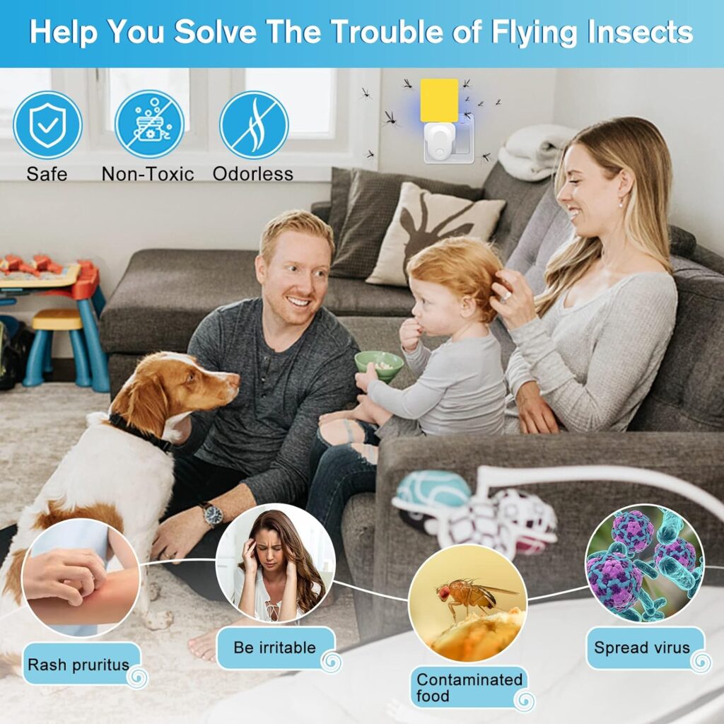Flying Insect Trap Plug-in, 2023 Upgrade Bug Catcher Mosquito Fruit Fly Trap Gnat Killer Indoor, Safe Non-Toxic UV Bug Night Light Fly Trap with Sticky Pad for Flies, Gnats, Moths (4 Pack, White)