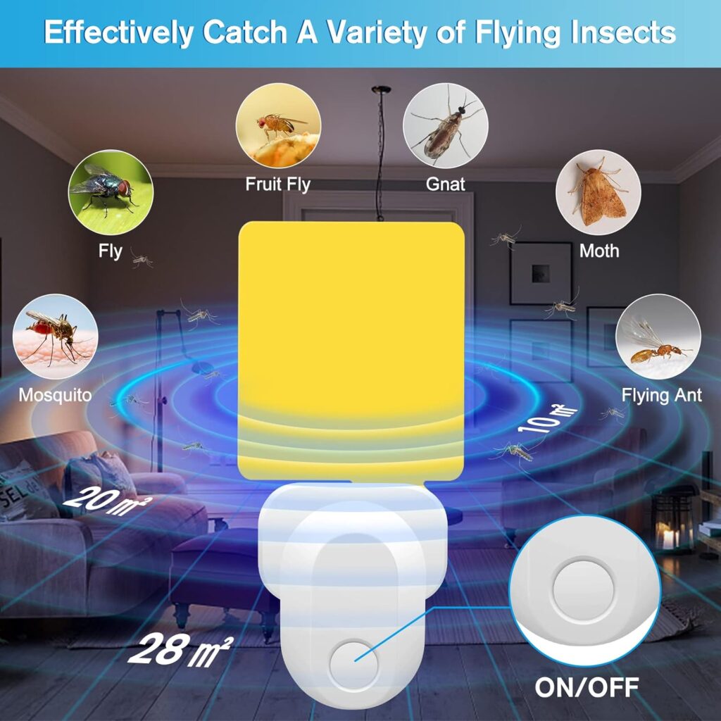 Flying Insect Trap Plug-in, 2023 Upgrade Bug Catcher Mosquito Fruit Fly Trap Gnat Killer Indoor, Safe Non-Toxic UV Bug Night Light Fly Trap with Sticky Pad for Flies, Gnats, Moths (4 Pack, White)