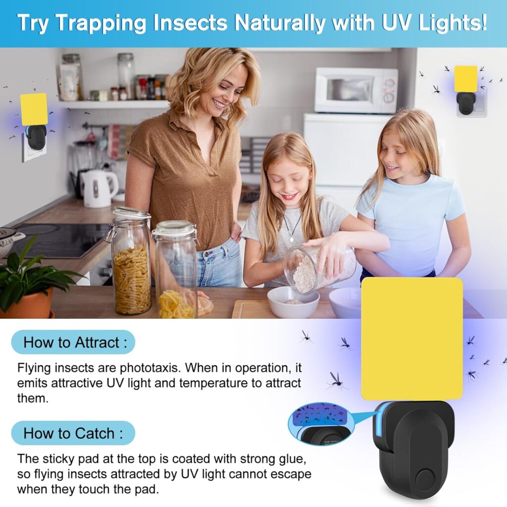 Flying Insect Trap Plug-in, 2023 Upgrade Plug-in Bug Catcher Mosquito Fruit Fly Trap Gnat Killer Indoor, Safe Non-Toxic UV Night Light Fly Trap with Sticky Trap for Flies, Gnats, Moths(Orange, 1 Pack)