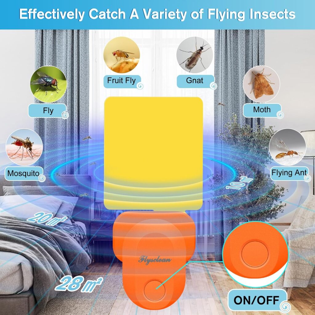 Flying Insect Trap Plug-in, 2023 Upgrade Plug-in Bug Catcher Mosquito Fruit Fly Trap Gnat Killer Indoor, Safe Non-Toxic UV Night Light Fly Trap with Sticky Trap for Flies, Gnats, Moths(Orange, 1 Pack)