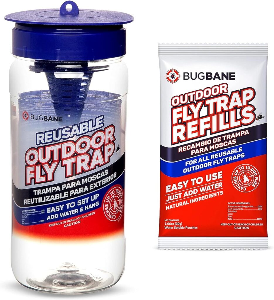 Reusable Outdoor Fly Traps with Natural Fly Magnet Bait Refill. Flies Trap Outdoor Reusable Fly Trap Jar Fly Catchers Outdoor Fly Bait Fly Bags Flytraps Stable Fly Trap Bait