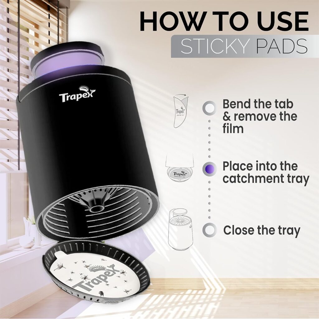 Trapex Indoor Insect Trap - Effective Non-Zapper Fruit Fly, Gnat, Moth and Mosquito Trap with Refillable Bait Pod  5 Sticky Pad Refills - Gnat Traps for House Indoor, Bug Catcher  Killer (Black)